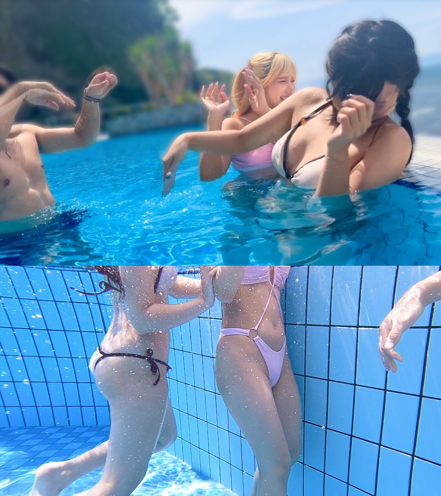 「【素人ギャル】水着美女2人をナンパして3P中出し！夏のプールで出会った金髪＆黒髪ビキニ娘」のサムネイル